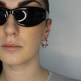 Trapped ball hoop earrings. Hinge hoop. Sterling silver plate over recycled zinc.