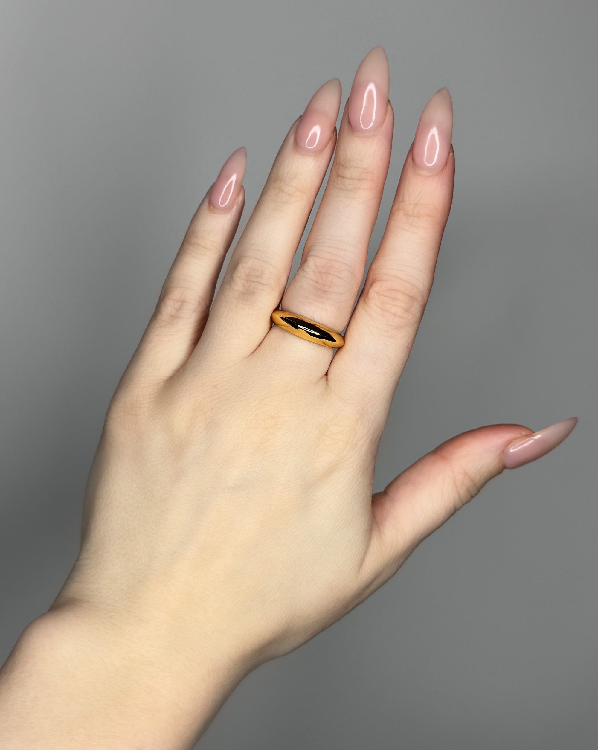Stackable ring set featuring 2 dome ring designs  1 bubble dome ring design and 1 small ridged dome ring design. 14k gold plate over recycled zinc.