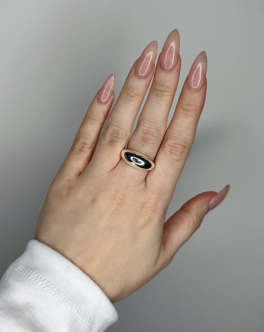 Stackable ring set featuring 2 dome ring designs 1 bubble dome ring design and 1 small ridged dome ring design. Sterling silver plate over recycled zinc.
