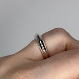 Stackable ring set featuring 2 dome ring designs 1 bubble dome ring design and 1 small ridged dome ring design. Sterling silver plate over recycled zinc.